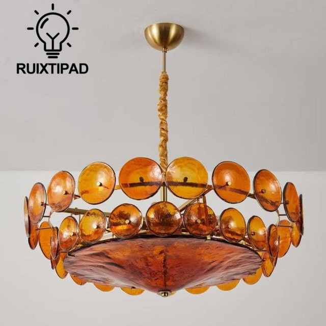 Artpad Murano-Glas-Kronleuchter in Bernstein und Gold, LED-Vintage-Pendelleuchte für Wohnzimmer und Esszimmer inklusive Glühbirne - Bild 1