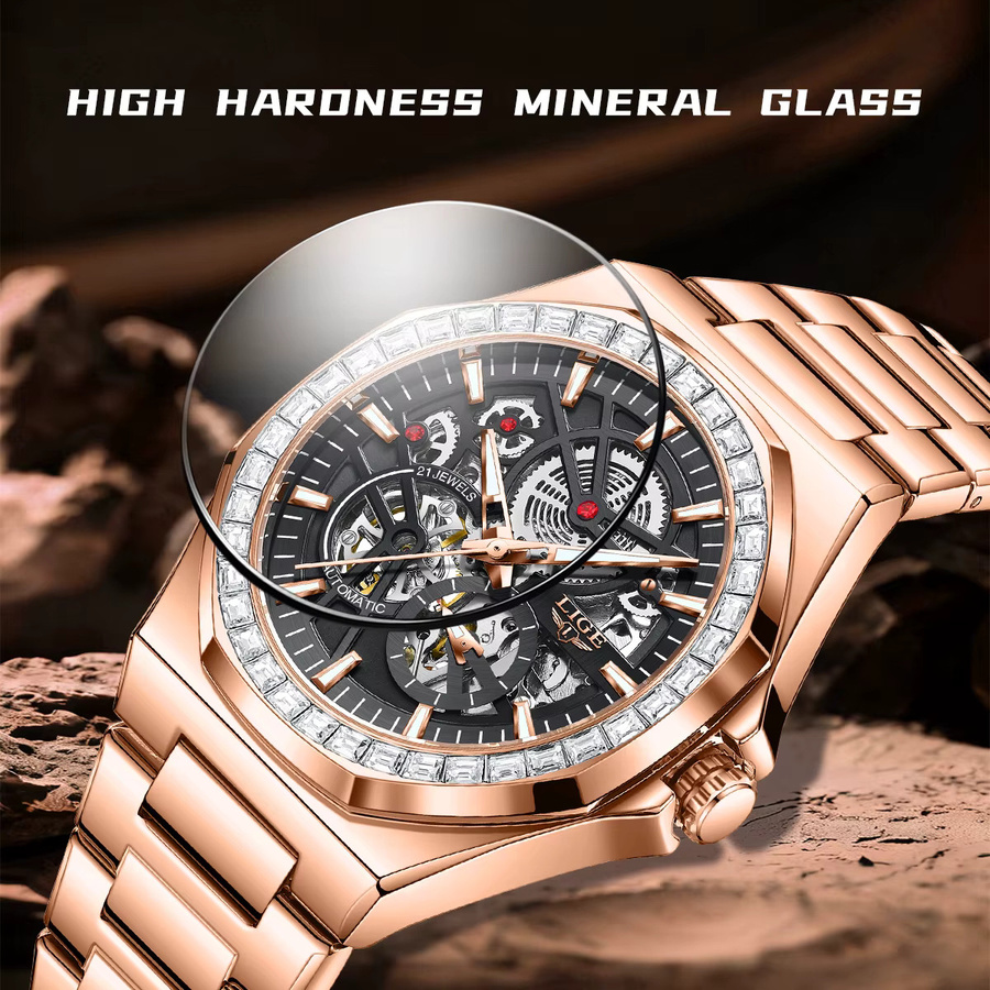 LIGE Armbanduhr Automatik, Edelstahl, Roségold, Blau, Herren - Bild 6