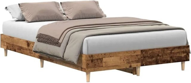 vidaXL Bettgestell in Altholz-Optik aus massivem Eukalyptusholz und Holzwerkstoff, Farbe: Braun, B/T/H: 120 x 203 x 25 cm - Bild 1
