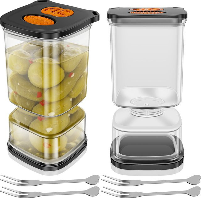 Willstar Flip Pickle Jar aus Glas mit Gabel und Timer, transparent/schwarz, 1 l - Bild 1