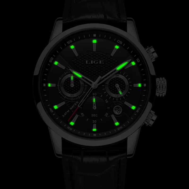 LIGE Armbanduhr Quarz, Leder, Schwarz, Herren, Wasserdicht - Bild 3