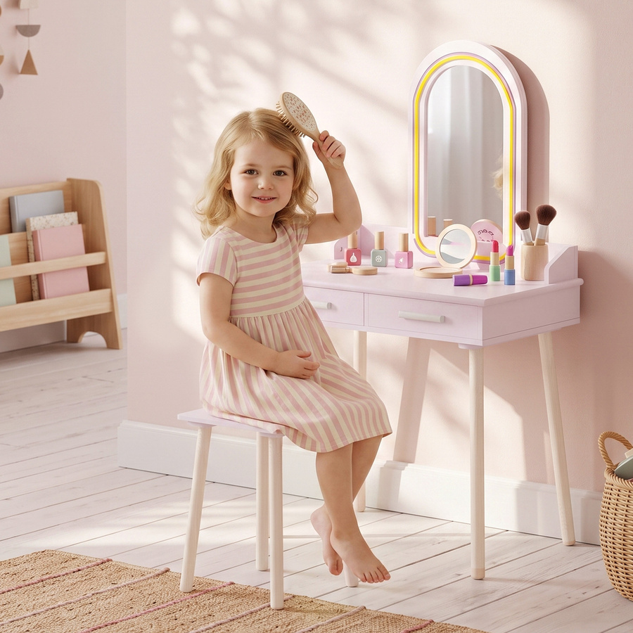 AIYAPLAY Kinder Schminktisch Set 2 in 1 mit LED-Spiegel, Hocker und 2 Schubladen, Schreibtisch aus Holz in Rosa - Bild 2
