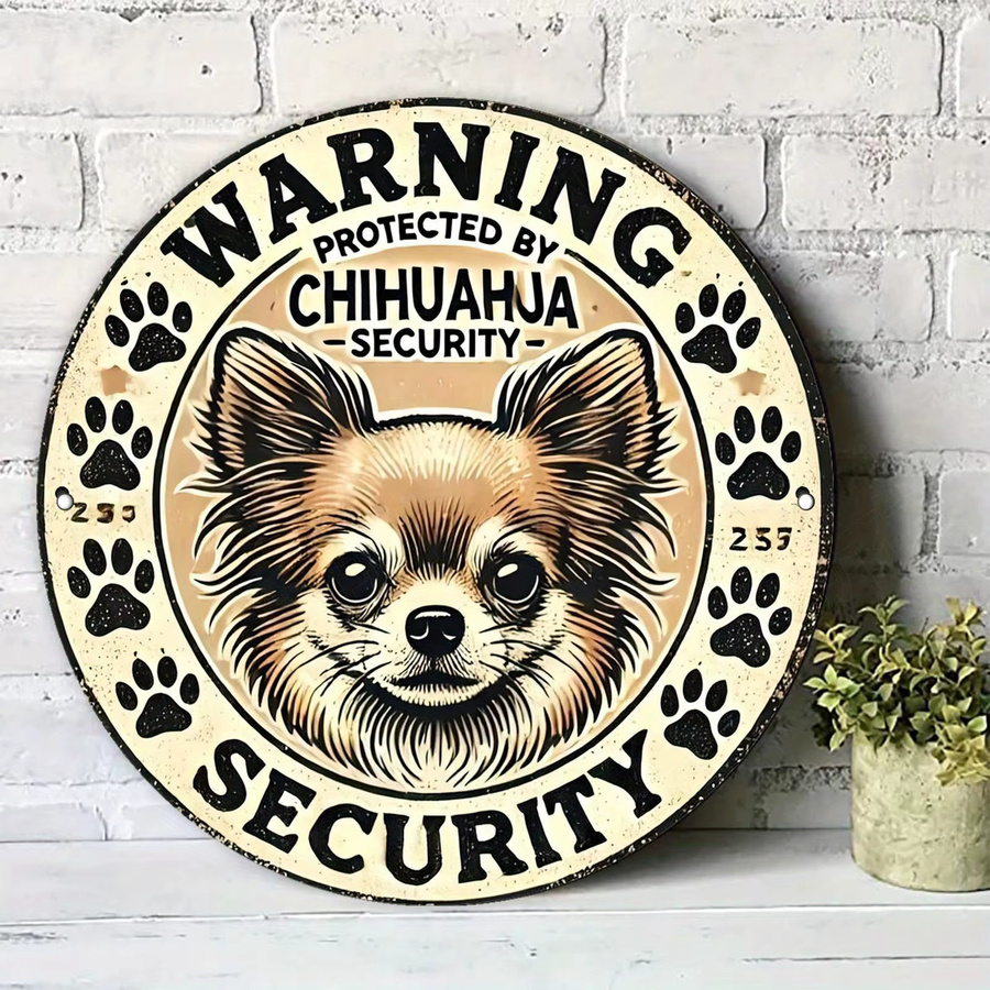 Rundes Metallschild Potdemiel mit Warning Protected by Chihuahua Security Aufschrift in Vintage-Optik, Durchmesser: 20 cm - Bild 2