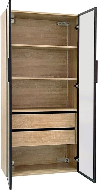 okwish Badezimmerschrank in Natur mit integrierter Lichtleiste, 2 Schubladen und 2 Türen mit Glastüren, B/T/H: 74 x 36 x 155 cm - Bild 1