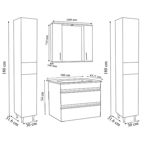 VCM Badmöbel Set Silora XL, 5-tlg. Waschplatz-Set in Anthrazit-Grau matt mit Keramik-Waschbecken, Spiegelschrank und Hochschrank, Breite: 100 cm - Bild 3