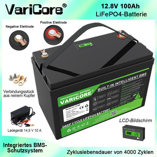 VariCore LiFePO4 Batteriepaket 12,8V 100Ah mit 4-strängigem BMS, LCD-Display und Kupferanschlüssen in Schwarz - Bild 1