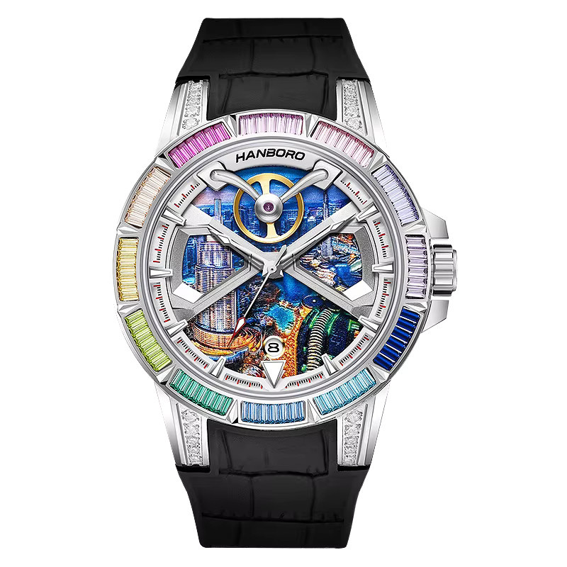HANBORO Herren Armbanduhr, Automatik, Edelstahl, Diamant, Blau, Rund - Bild 2