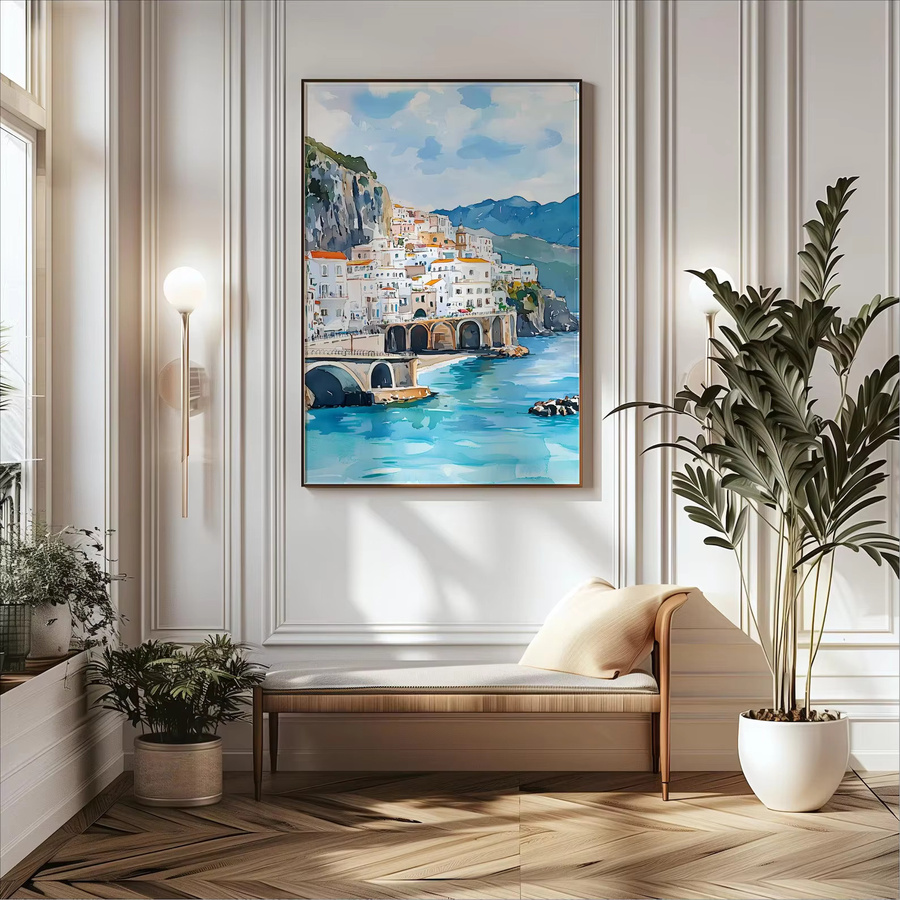 Aquarell Kunstdruck Amalfi Küste Italien als mediterrane Küstenlandschaft Wanddekoration in Mehrfarbig - Bild 5