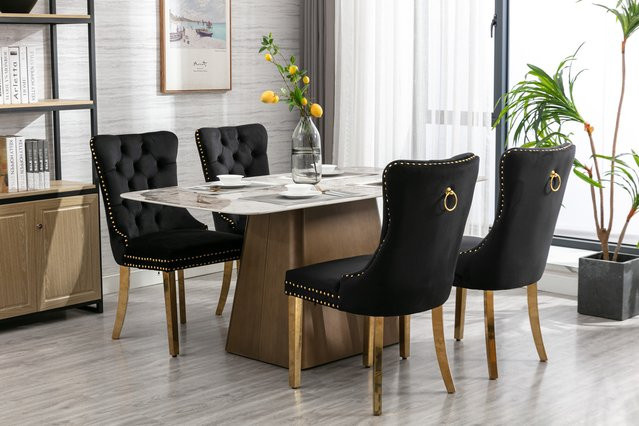2er-Set Samt Esszimmerstühle von Svintora in Schwarz und Beige mit goldenen Edelstahlbeinen, getuftetes Design mit Nagelkopf-Verzierung und hoher Rückenlehne, B/T/H: 65 x 50 x 95 cm - Bild 1