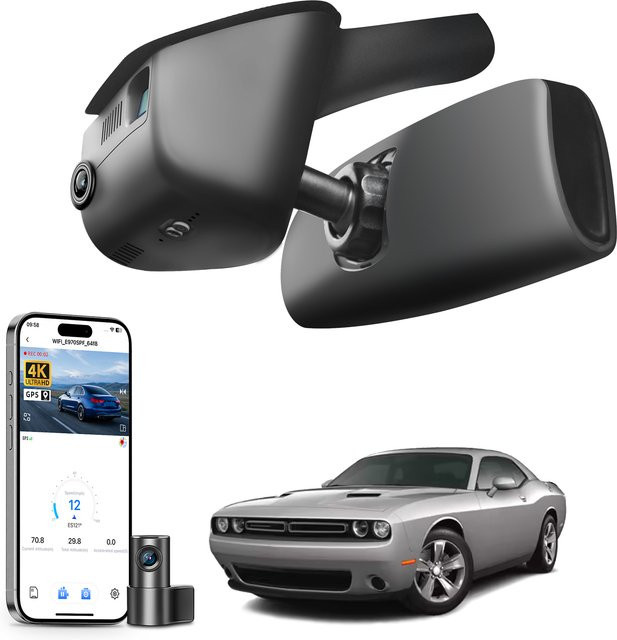 Mangoal Dashcam 4K UHD für Dodge Challenger 2015-2023 mit GPS, WiFi und App-Steuerung, Schwarz - Bild 1