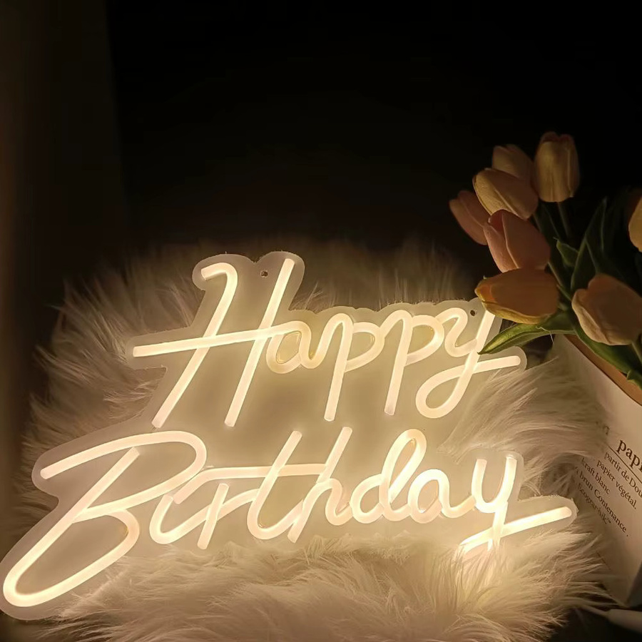 Dimmbares LED Neonschild Happy Birthday in Warmweiß als Wanddekoration mit USB-Anschluss und Acryl-Gehäuse - Bild 3
