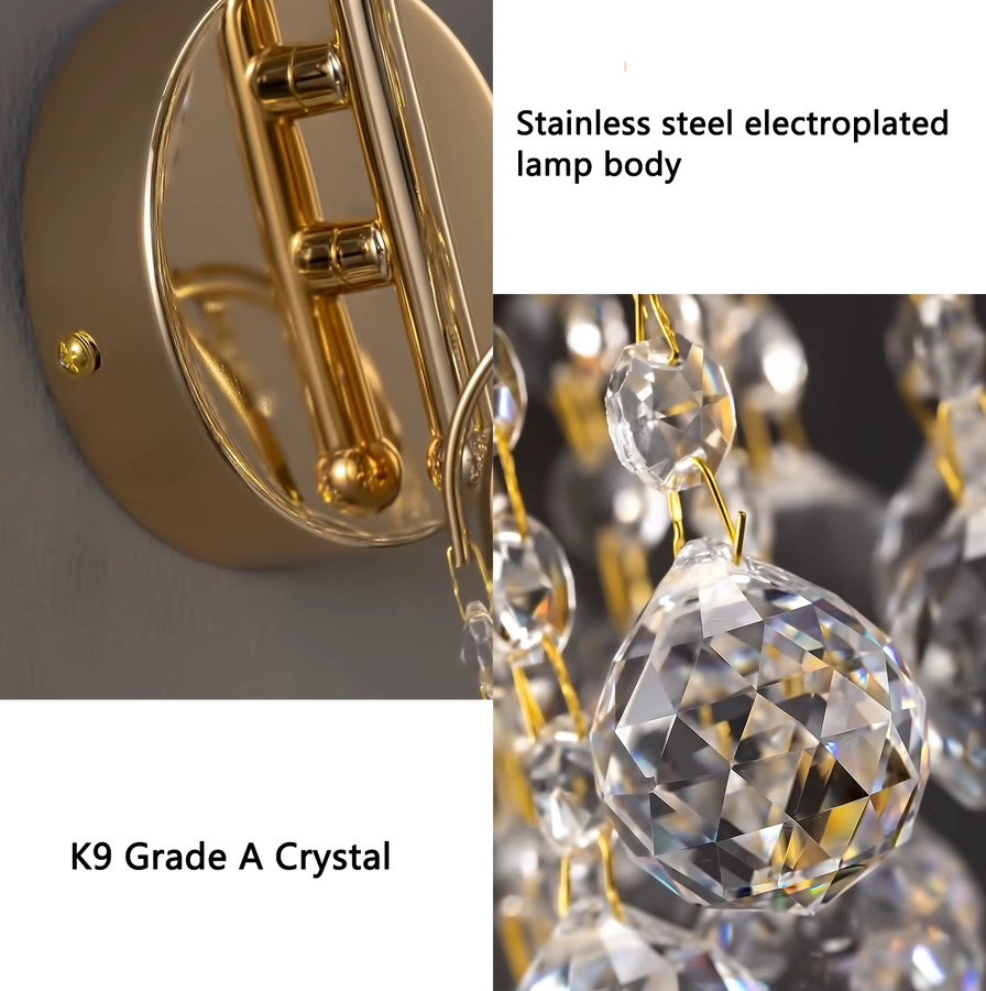 Elegante Kristall-Wandlampe von Uufic aah im französischen Stil für Schlafzimmer und Wohnzimmer, Gold/Messing mit transparentem Kristall - Bild 2