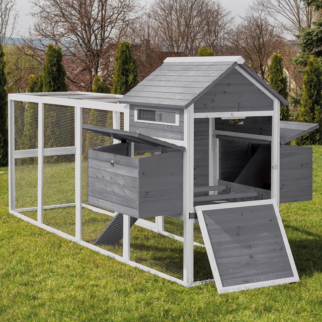 MyAnimal Hühnerstall XXL MH-22 für 8 Hühner mit zwei Nistkästen, Auslauf und zwei Ebenen, Grau/Weiß - Bild 1