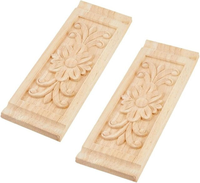2er-Set Rechteckige Holzapplikation mit floraler Schnitzerei zur Möbeldekoration, Beige, B: 22 cm, H: 8 cm - Bild 1