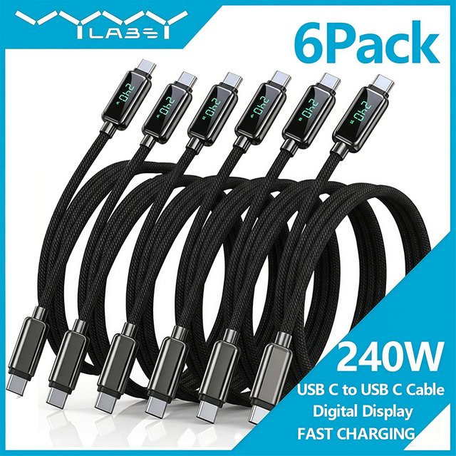 Vyvylabs 6er-Pack USB-C zu USB-C Schnellladekabel mit Digitalanzeige, 240W, Schwarz - Bild 1