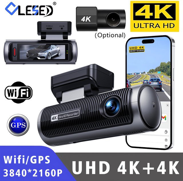 OLESED Dual-Objektiv 4K Dashcam mit WLAN und GPS, 24-Stunden-Nachtsicht, DVR-Videorekorder und Blackbox für dein Auto, Schwarz - Bild 1