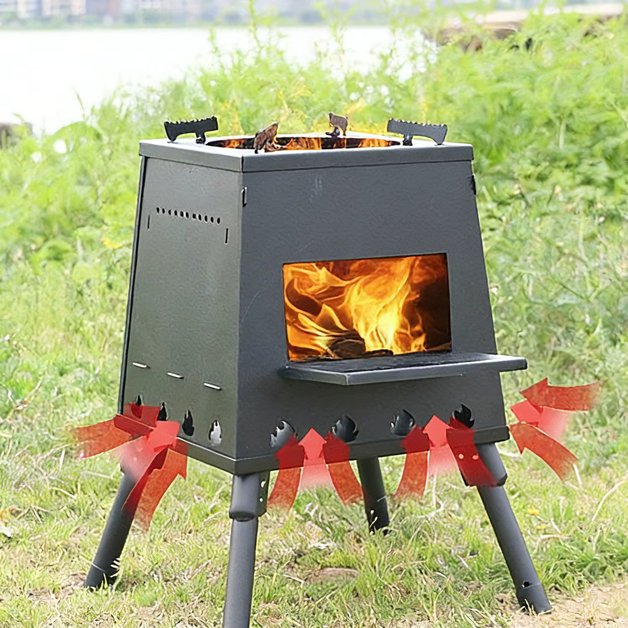 HGTUGO Campingofen aus Gusseisen, faltbarer Holzbefeuerter Campingkocher in Schwarz mit verstellbarem Topfhalter und Tragetasche, B/T/H: 35,0 x 22,0 x 35,0 cm - Bild 3