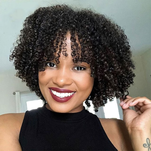 Linhua 4A Afro Kinky Curly Echthaarperücke mit Pony, Damen - Bild 1
