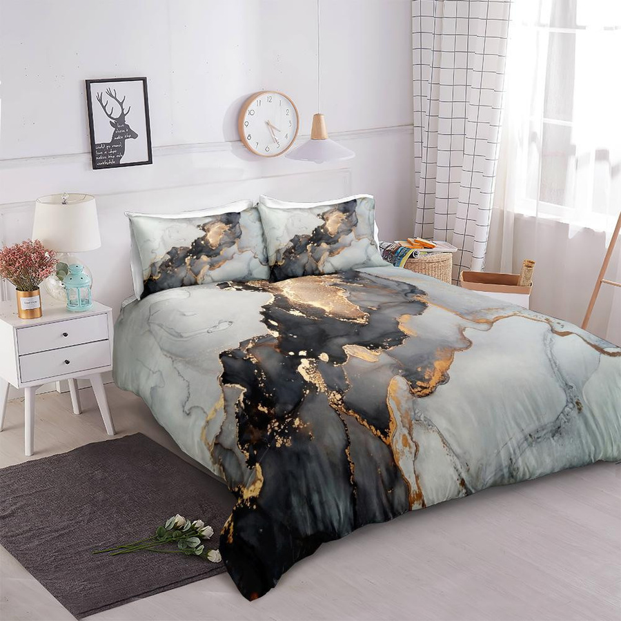 Bettwäscheset mit blauem Marmor-Design von Binchi Outdoor Product, bestehend aus Bettbezug und Kissenbezug, Farben Blau und Grau, B/H: 135 x 200 cm - Bild 2