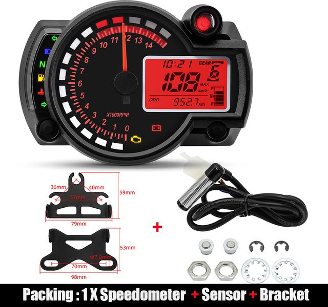MAIMEIMI Motorrad Universal Digital Tachometer 12V mit Sicherheitsalarm, LED LCD Wassertemperaturanzeige und N Gang Anzeige in Schwarz - Bild 1