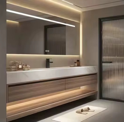 XMSJ Badezimmer-Waschtisch-Set aus Sperrholz mit Waschbecken und LED-Beleuchtung, Wandmontage, Braun - Bild 2
