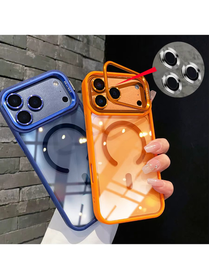 Magnetische Schutzhülle mit Metalllinsenständer und Linsenglasfolie für iPhone 11 bis 17 Pro Max Plus Air, transparent und schwarz, kompatibel mit MagSafe - Bild 5