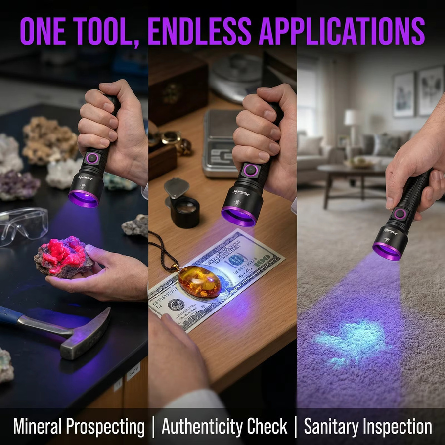 Alonefire 10W 365nm UV-LED Hochleistungs-Schwarzlicht-Taschenlampe in Schwarz, USB-aufladbar zur Detektion von Haustierflecken, Tinea und Geldscheinen - Bild 2
