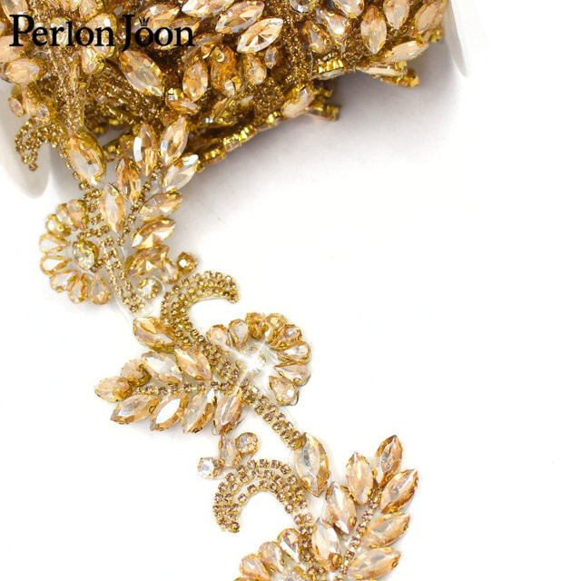 Perlon joon Kristall Strass Trim Blume Blatt Aufbügeln Band in Gold für DIY Reparaturen an Kleidung und Accessoires - Bild 1