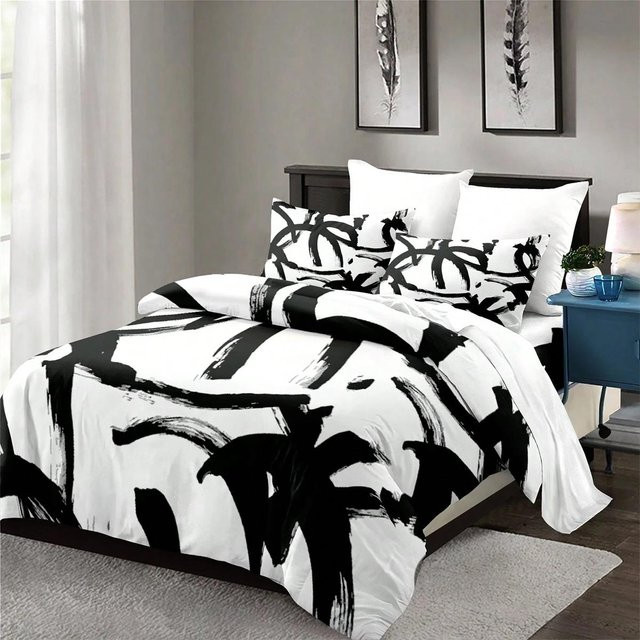 3-teiliges Bettwäsche-Set mit geometrischem Muster in Schwarz-Weiß, abstraktes Design aus Mikrofaser, Breite: 135 cm, Höhe: 200 cm - Bild 1