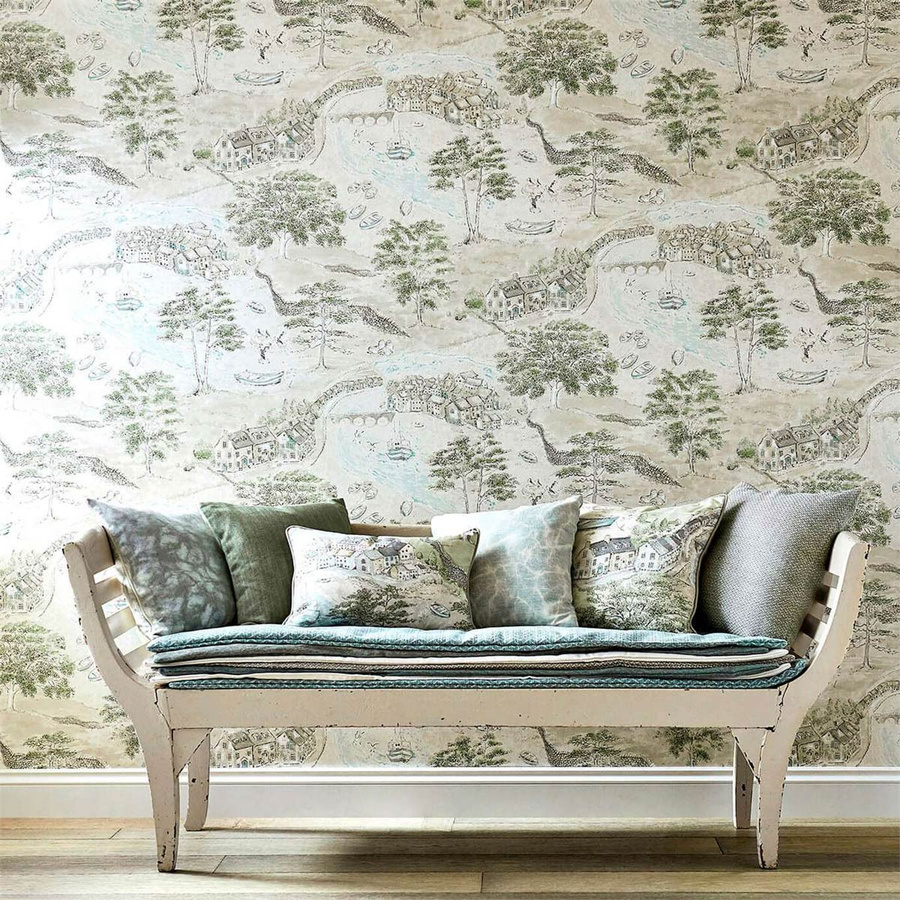 Sanderson Tapete Sea Houses in Grün und Sand, Vlies-Tapete mit botanischem Landschaftsmotiv im Country House Stil - Bild 1