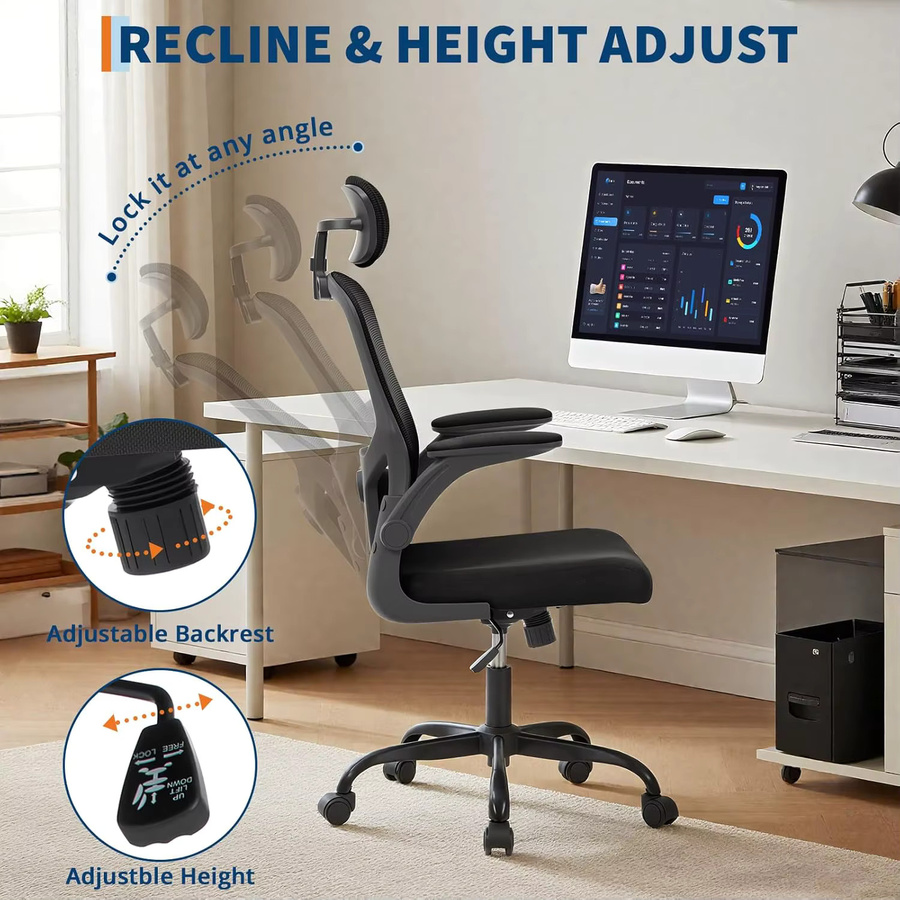 Ergonomischer HobbyLane Bürostuhl aus Netzstoff in Schwarz mit hoher Rückenlehne, verstellbarer Kopfstütze und Lordosenstütze - Bild 5