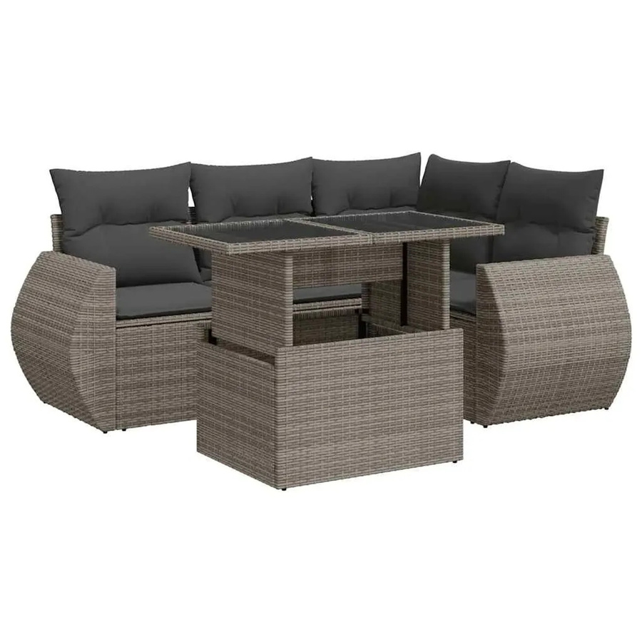 vidaXL 5-tlg Garten-Sofagarnitur in L-Form aus grauem Poly-Rattan mit wetterfesten Kissen und pulverbeschichtetem Stahlgestell - Bild 2