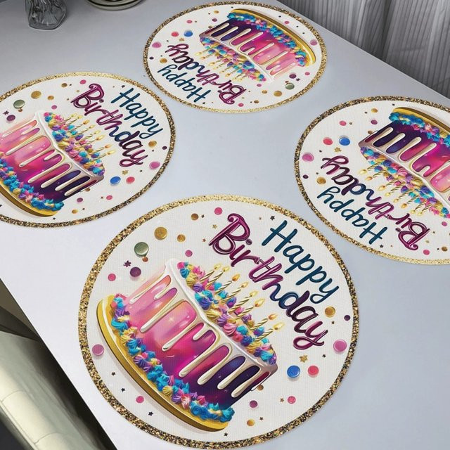 VIKAMA 4-teiliges Set runde Tischsets Happy Birthday für Party und Heimdekoration, waschbar - Bild 1
