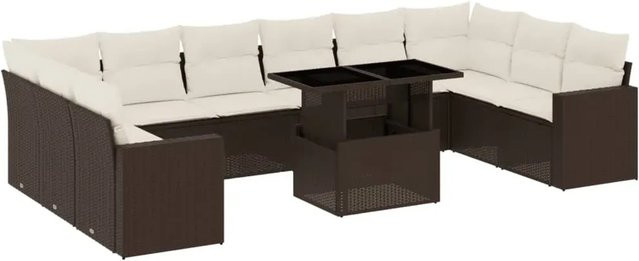 vidaXL 11-tlg. Garten-Sofagarnitur in L-Form aus braunem Poly-Rattan mit cremeweißen Kissen und Metallrahmen - Bild 1