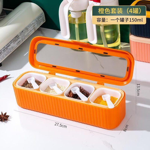 Yiran Furniture Gewürzbox Set mit Löffeln, vierteilige Gewürzaufbewahrung aus Glas und Kunststoff, orange - Bild 1