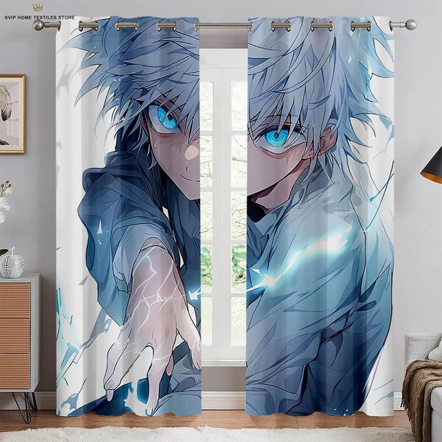Yiran Furniture Anime-Cartoon-Druck Vorhänge aus schwarzer Seide, B: 100 cm, H: 130 cm - Bild 1