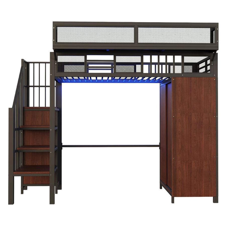 Merax Hochbett mit Schrank, LED-Unterbettbeleuchtung und Treppe in Schwarz, B/T/H: 90 x 200 x 189,5 cm - Bild 2