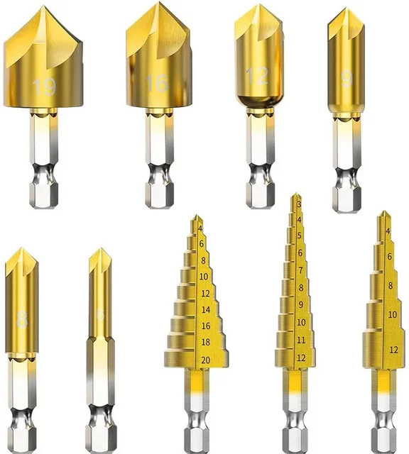 9-teiliges Stufenbohrer-Set aus Schnellarbeitsstahl mit 1/4 Zoll Sechskantschaft in Gold für Metall, Aluminium, Blech und Holz - Bild 1