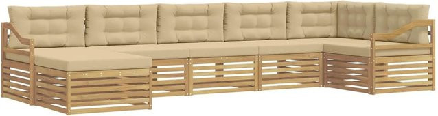 vidaXL Outdoor-Sofagarnitur in L-Form aus massivem Akazienholz mit 7 Kissen in Weiß und Beige - Bild 1