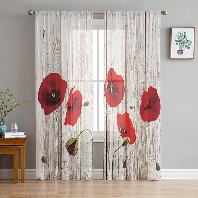 Transparente Tüllvorhänge von Super Six mit rotem Mohnblumen-Design und Retro-Holzmaserung, Farbe: Transparent/Rot/Weiß, Breite: 135 cm, Höhe: 114 cm - Bild 1