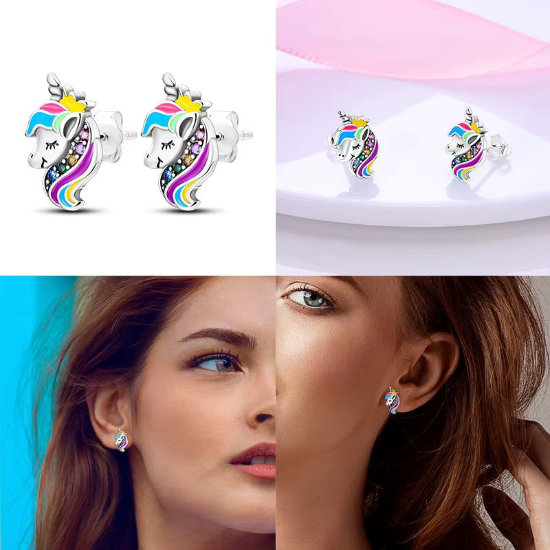 Ohrringe 925 Silber, Flügel und Herz-Intarsien, Einhorn, Damen - Bild 3