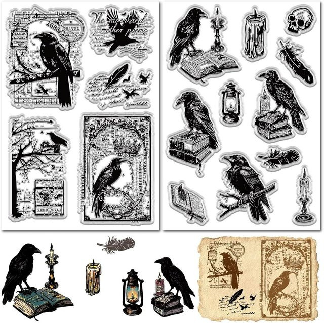 Dekorative Silikon-Siegelstempel Set mit 2 Motiven: Krähe, Öllampe und Retro-Schädel in Transparent, ideal für Karten und Buchmuster - Bild 1