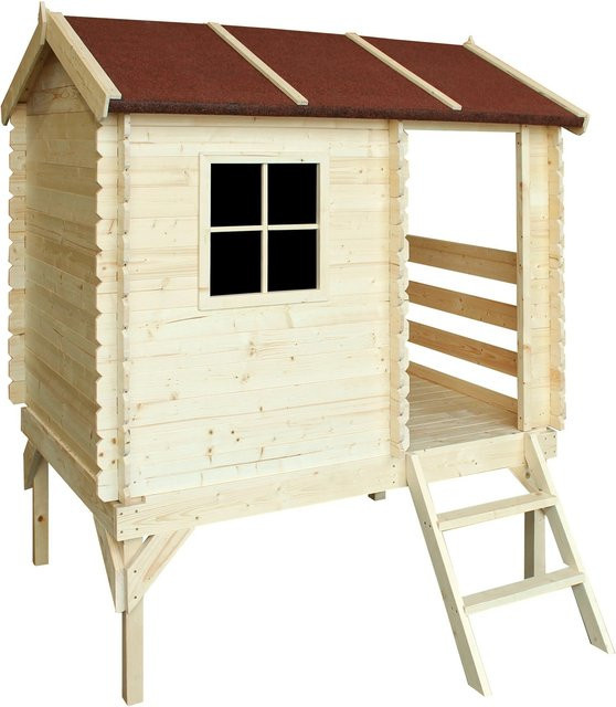 Timbela Kinderspielhaus aus Holz in Braun mit Leiter und Holzfenstern auf Stelzen (1,1 m²) - Bild 1
