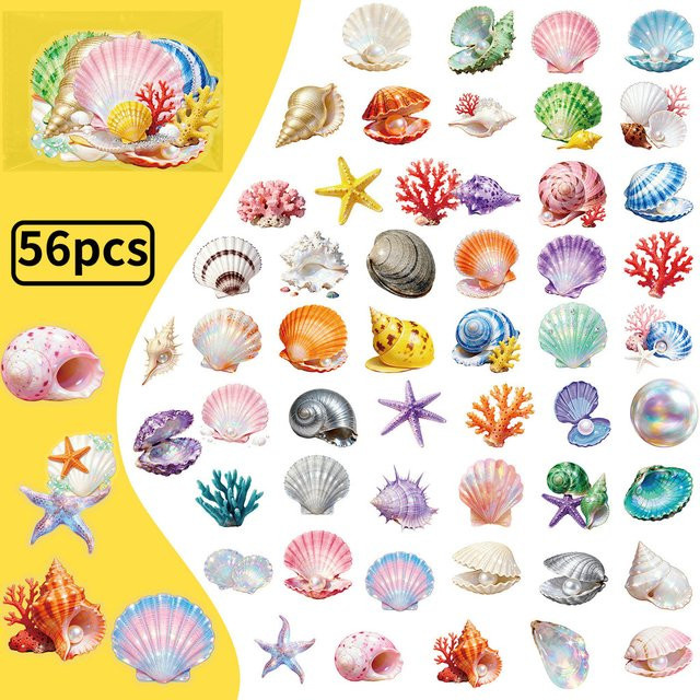 56 Stück transparente PET-Muschel-Aufkleber von BulingBulingStickers Store, wasserfeste Aufkleber in Multicolour für Tagebücher und Wasserflaschen - Bild 1