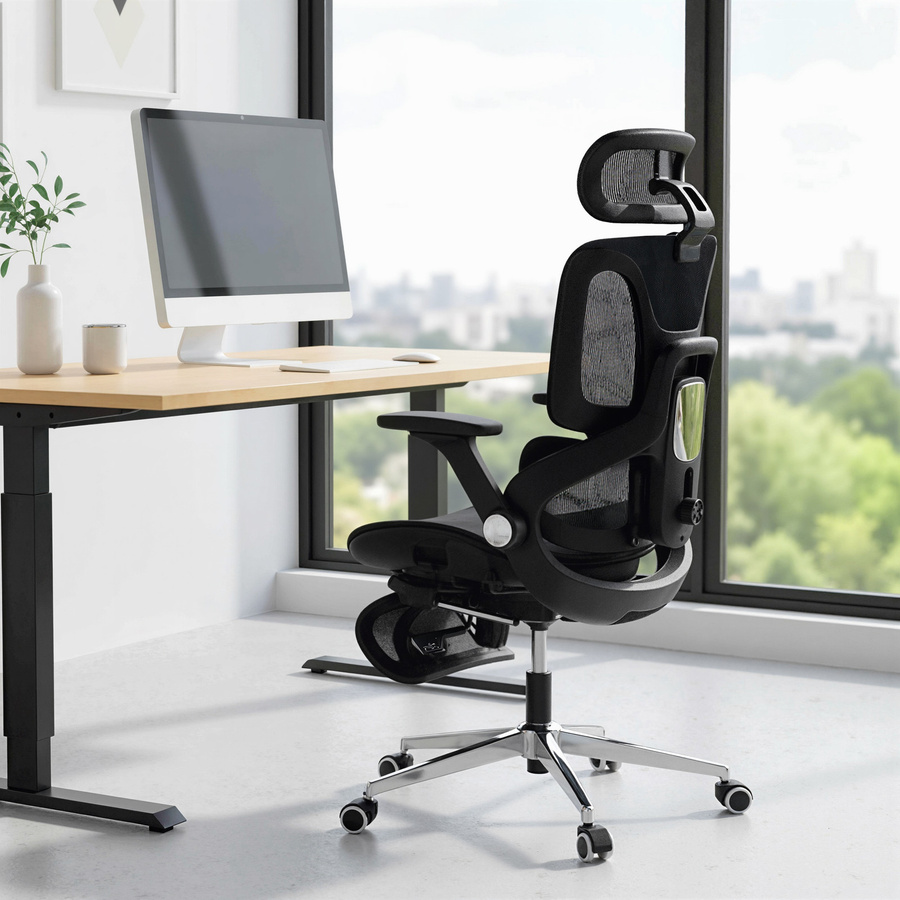 HOMCOM Ergonomischer Bürostuhl in Schwarz mit 4D-Armlehnen, verstellbarer Kopfstütze, Sitztiefe, Lendenstütze und Fußstütze aus Netzgewebe - Bild 2