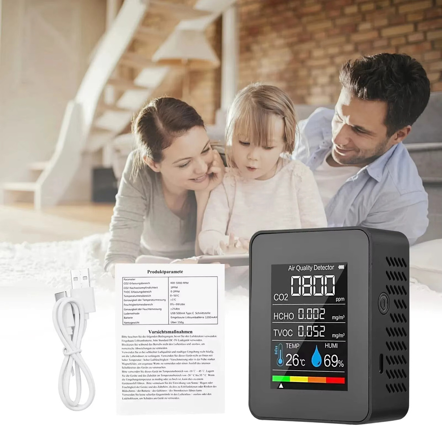 HOMEFISH 5-in-1 Luftqualitätsmonitor in Schwarz: Digitales Messgerät für Temperatur, Feuchtigkeit, CO2, TVOC und HCHO - Bild 3