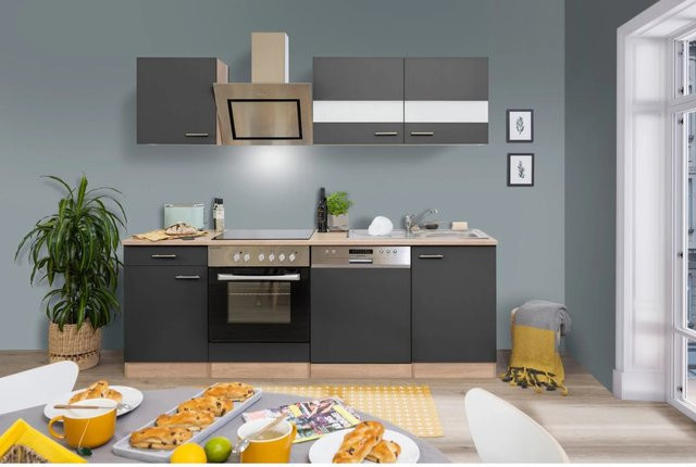 Respekta Economy Küchenzeile KB220ESGSC in Grau-Eiche Sägerau Glänzend mit Glastüren und Soft-Close-Funktion, Breite: 220 cm, Tiefe: 60 cm - Bild 1