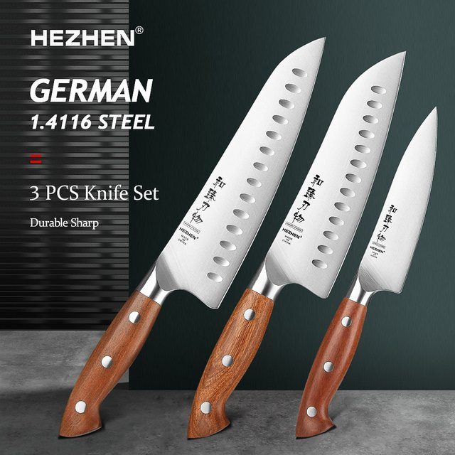 HEZHEN 3-teiliges Küchenmesser-Set mit Santoku-Allzweckmesser und Redwood-Griff in Braun - Bild 1