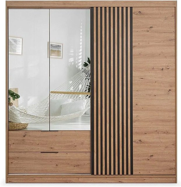 Kleiderschrank Sidovia von Vente-unique in Natur, Schwarz und Braun mit Spiegel, Breite: 203 cm, Tiefe: 60 cm, Höhe: 213 cm - Bild 1