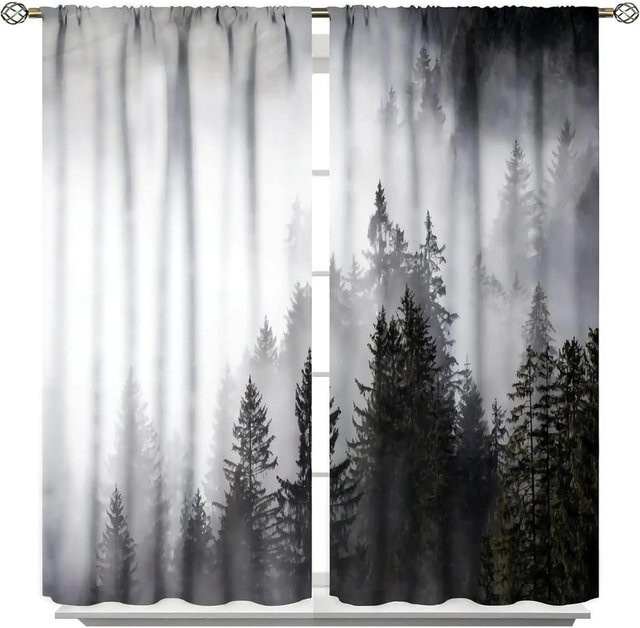 Land und Wald Vorhang mit Wildtier-Motiv Bär Hirsch Fuchs Wolf, 2er-Set halbverdunkelnde Vorhänge in Grau, B/H: 100 x 130 cm - Bild 1